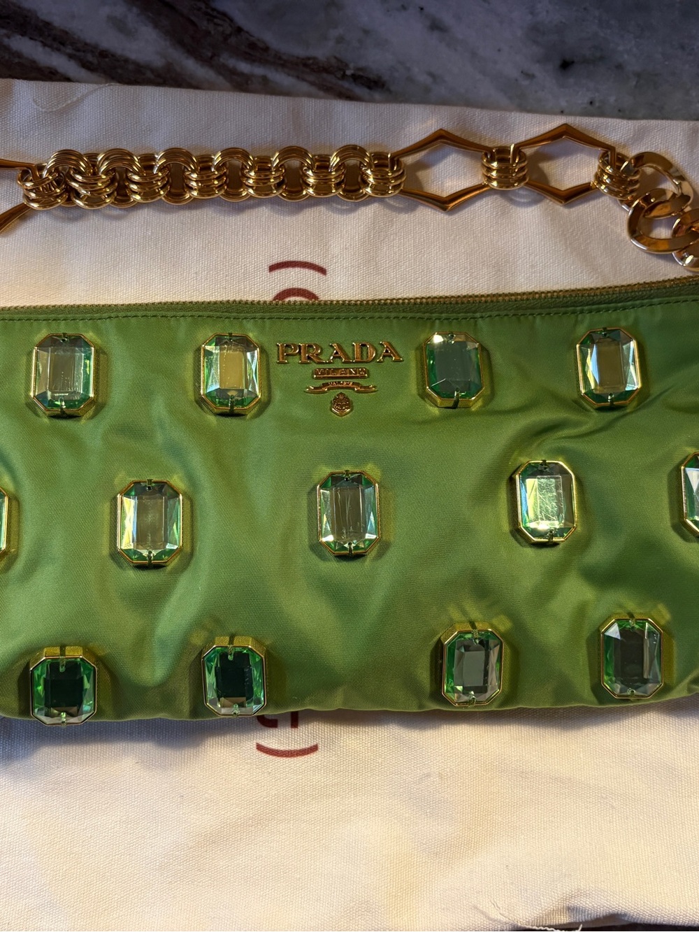 Prada Green Satin Jeweled Clutch with Gold Chain Strap